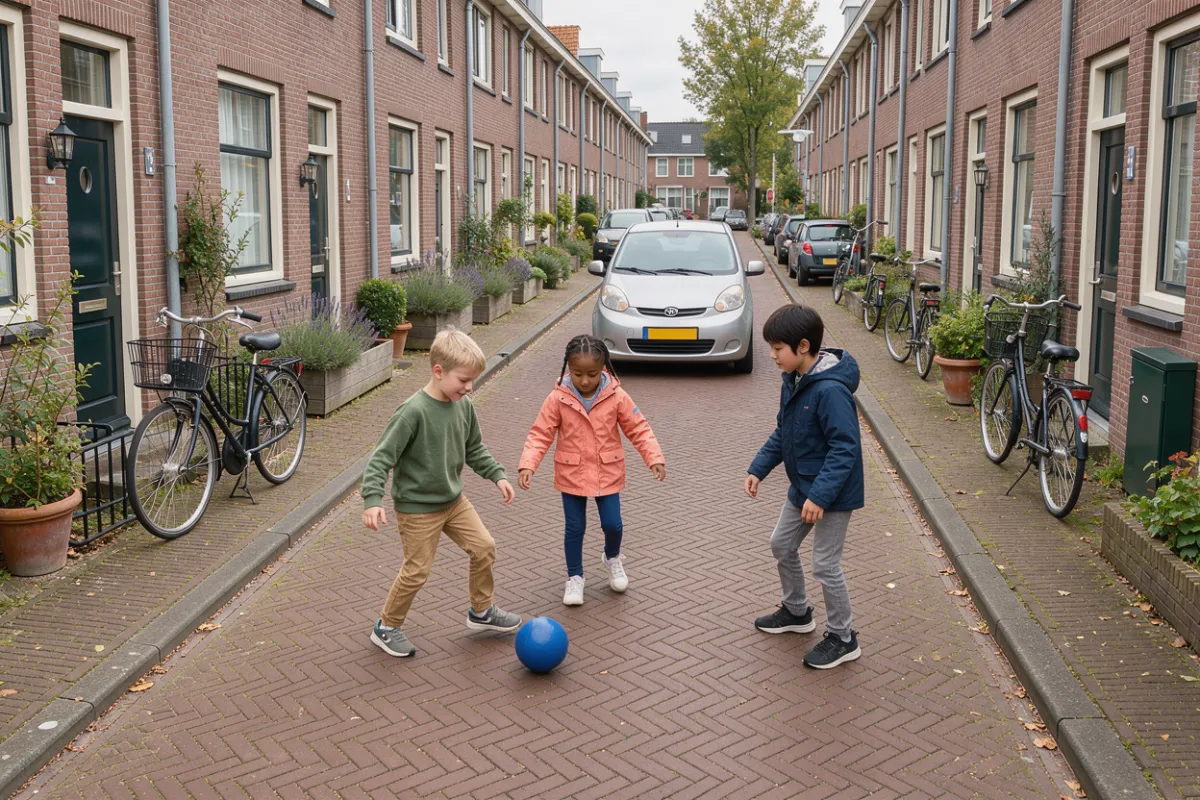 Una calle residencial con niños jugando y un auto que avanza al paso.