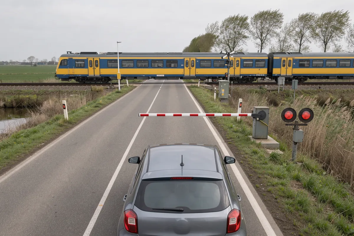 Un paso a nivel con la media barrera bajada, luces rojas encendidas y un tren que pasa.