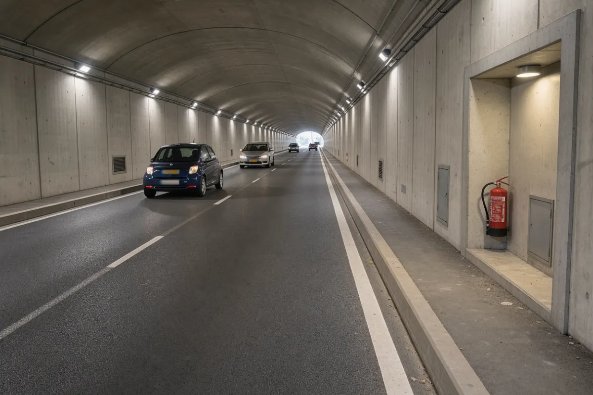 Interior de un túnel de carretera con un nicho de emergencia iluminado en la pared.