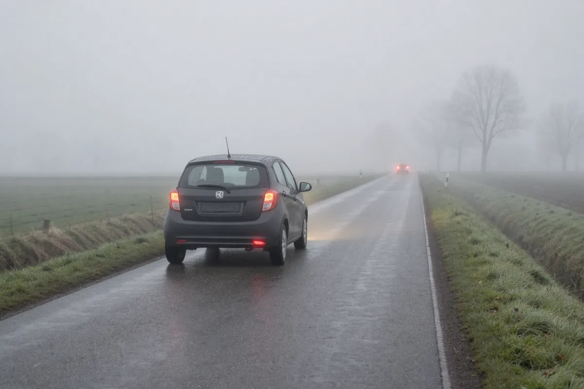 Auto con luces encendidas avanzando en la niebla