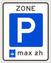 Señal E10: Zona de disco de estacionamiento (blauwe zone): disco obligatorio; prohibido estacionar más tiempo del indicado